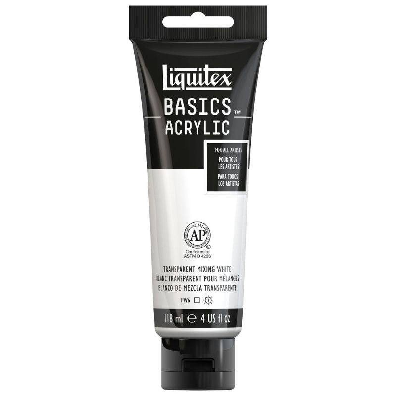Transparent white acrylic paint in a 118ml tube, ideal for underpainting and mixing, suitable for all artists.