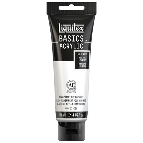 Transparent white acrylic paint in a 118ml tube, ideal for underpainting and mixing, suitable for all artists.