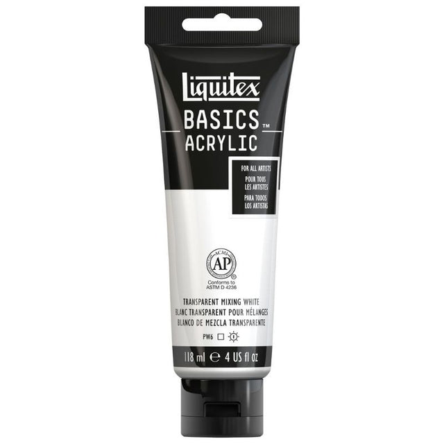 Transparent white acrylic paint in a 118ml tube, ideal for underpainting and mixing, suitable for all artists.