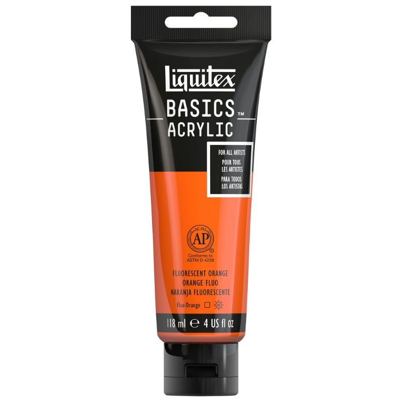 Vibrant Fluro Orange acrylic paint in a 118ml tube, ideal for all artists, offering smooth application and excellent coverage.