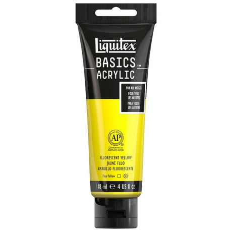 Vibrant Fluro Yellow LIQUITEX BASICS Acrylic Paint, ideal for bold highlights and versatile painting techniques.