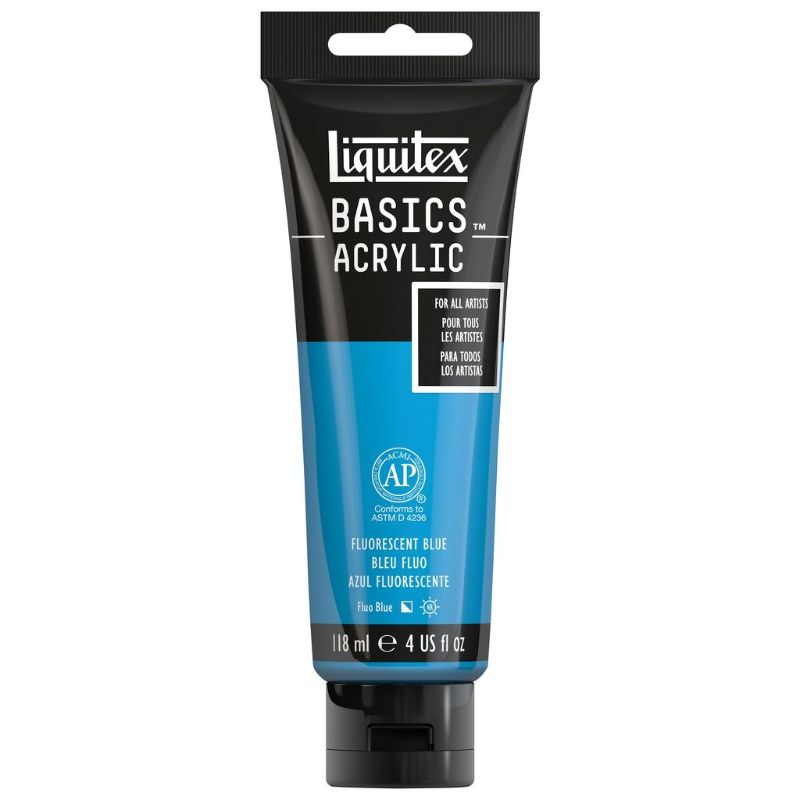 Vibrant fluro blue LIQUITEX BASICS acrylic paint in a 118ml bottle, perfect for artists and versatile applications.