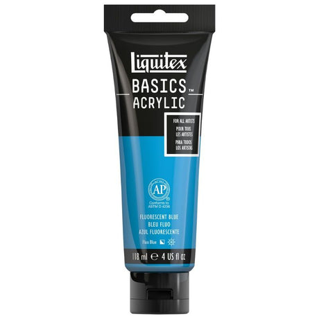 Vibrant fluro blue LIQUITEX BASICS acrylic paint in a 118ml bottle, perfect for artists and versatile applications.