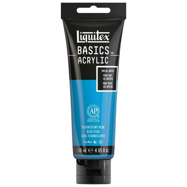 Vibrant fluro blue LIQUITEX BASICS acrylic paint in a 118ml bottle, perfect for artists and versatile applications.