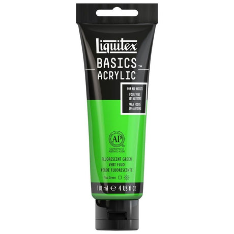 Vibrant LIQUITEX BASICS Fluro Green acrylic paint, ideal for various techniques on canvas, paper, and other surfaces.