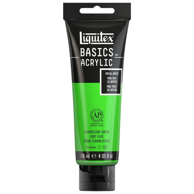 Vibrant LIQUITEX BASICS Fluro Green acrylic paint, ideal for various techniques on canvas, paper, and other surfaces.