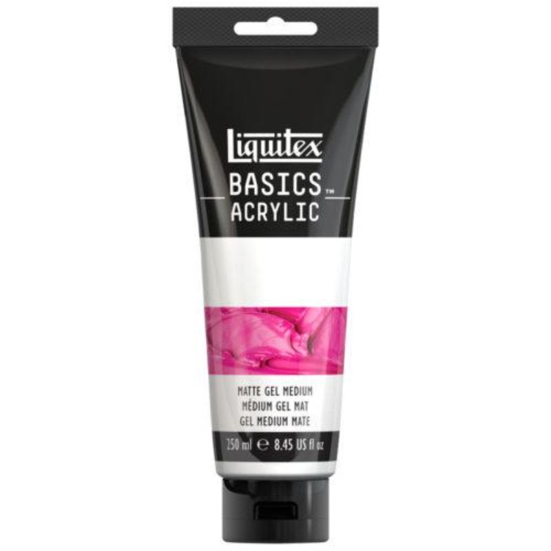 LIQUITEX BASICS 250ML Matte Gel Medium for achieving a professional matte finish and as a versatile collaging adhesive.