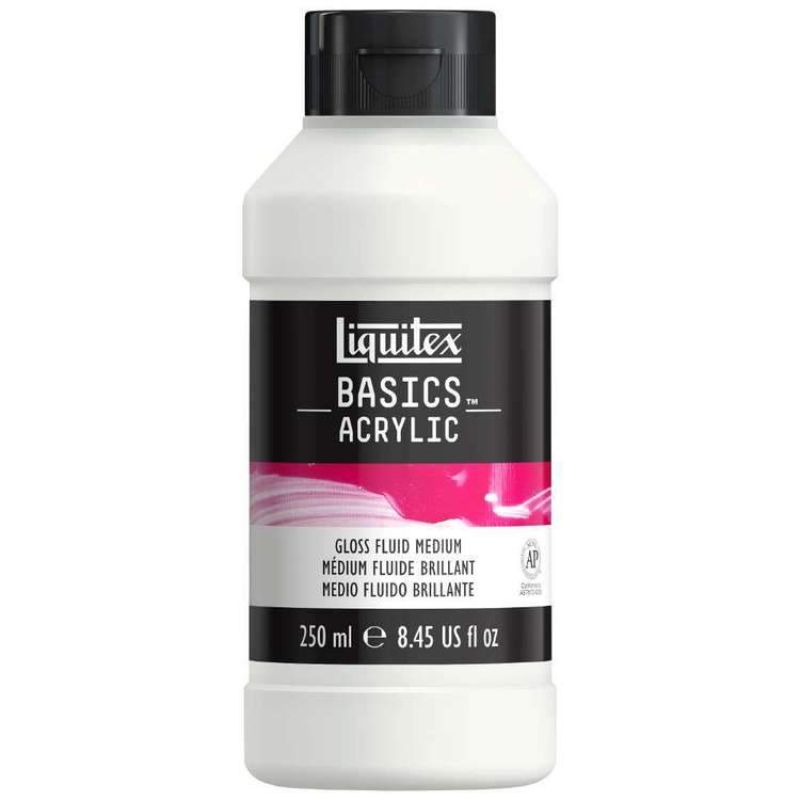 LIQUITEX BASICS 250ML - GLOSS FLUID, a versatile medium for vibrant finishes, mixing, and collaging in acrylic artwork.