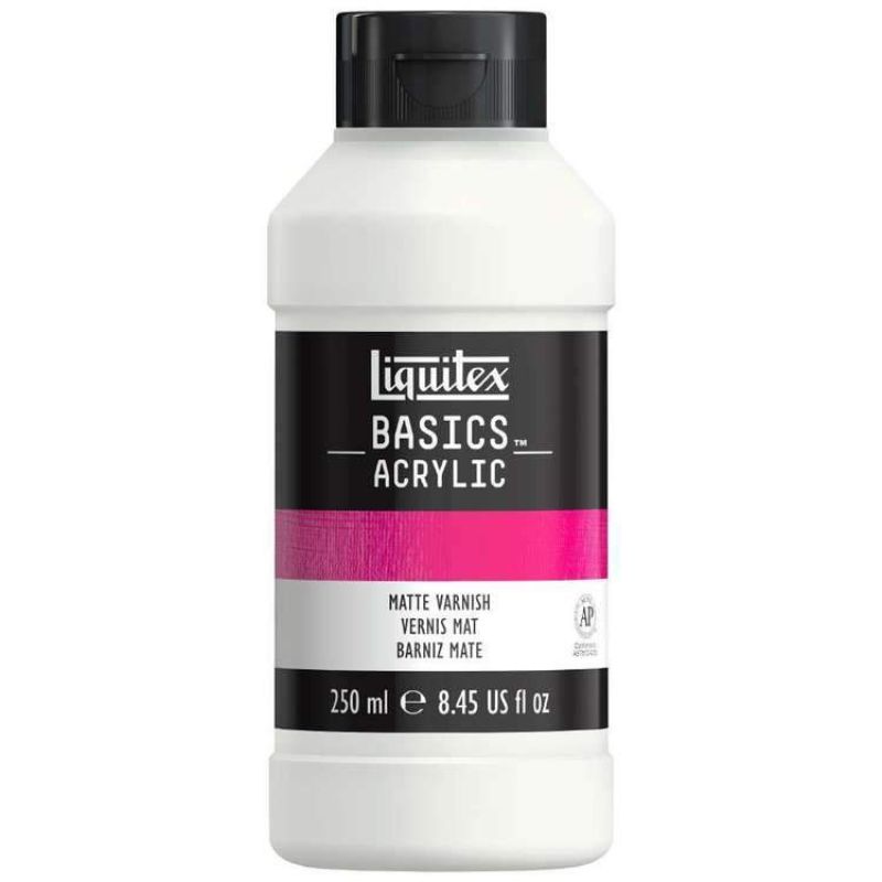 LIQUITEX BASICS 250ML Matte Varnish, ideal for acrylic and mixed media, offers a protective, non-reflective finish.