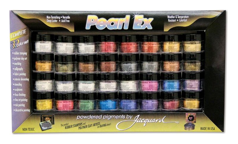 JACQUARD PEARL EX 3G SET OF 32, featuring vibrantly shimmery powdered pigments for versatile crafting and art projects.