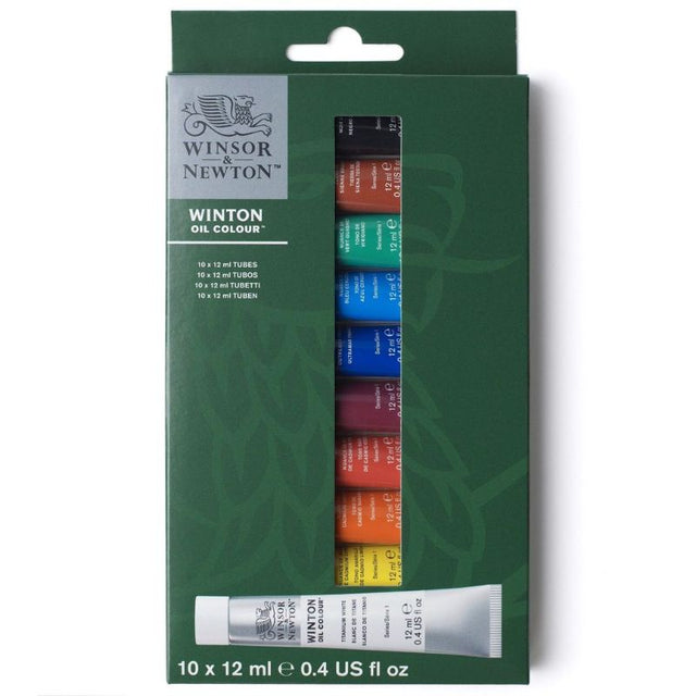 WINSOR AND NEWTON WINTON OIL set features 10 vibrant 12ml tubes, ideal for artists of all skill levels to explore painting.