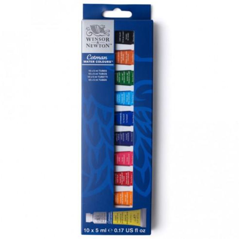 Vibrant 10-color Winsor & Newton Cotman watercolor paint set in 5ml tubes, ideal for artists seeking quality and portability.