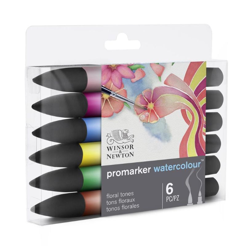 WINSOR AND NEWTON PRO MARKER watercolour set of 6 in floral tones with dual tips for precision and flexible strokes.