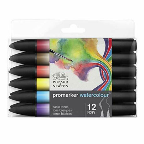 Winsor and Newton 12-piece ProMarker watercolour set featuring twin-tipped markers in essential basic tones for versatile artwork.