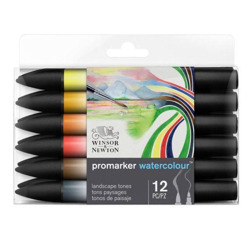ProMarker Watercolour Set of 12 in Landscape Tones featuring twin tips for versatile strokes and vibrant blending options.