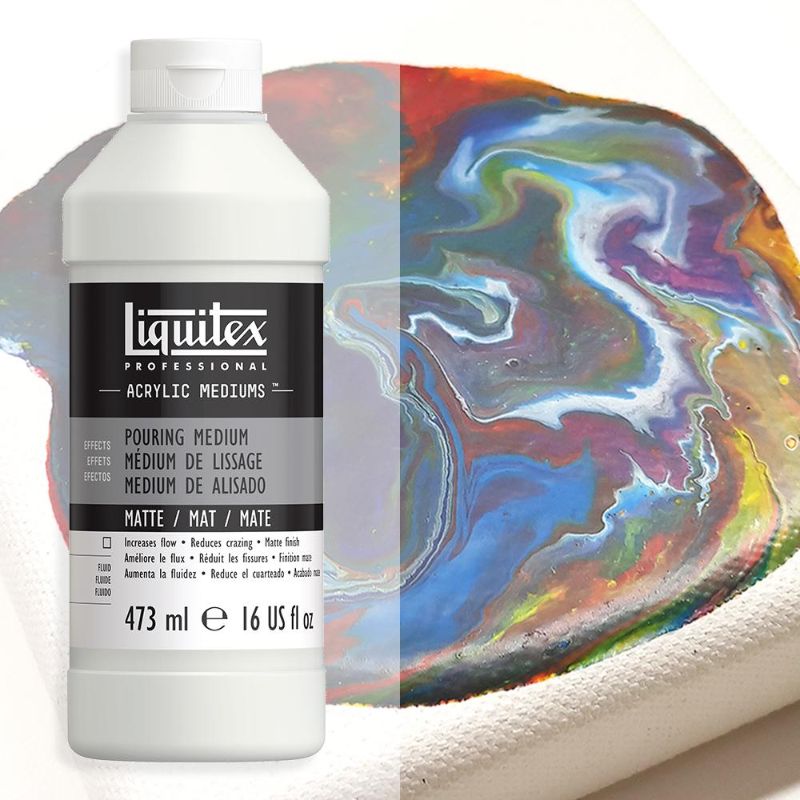 Liquitex Pouring Medium 473ml Gloss for vibrant acrylic pours, creating a smooth, glossy finish and preserving artwork.