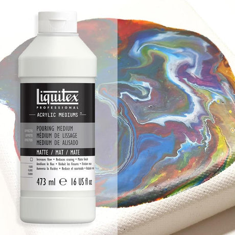 Liquitex Pouring Medium 473ml Gloss for vibrant acrylic pours, creating a smooth, glossy finish and preserving artwork.