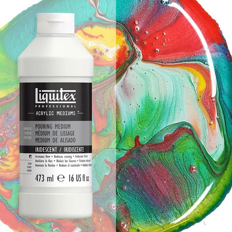 Iridescent acrylic pouring medium in 473ml enhances fluid art with shimmering, high-gloss finish and self-leveling properties.