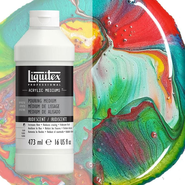 Iridescent acrylic pouring medium in 473ml enhances fluid art with shimmering, high-gloss finish and self-leveling properties.