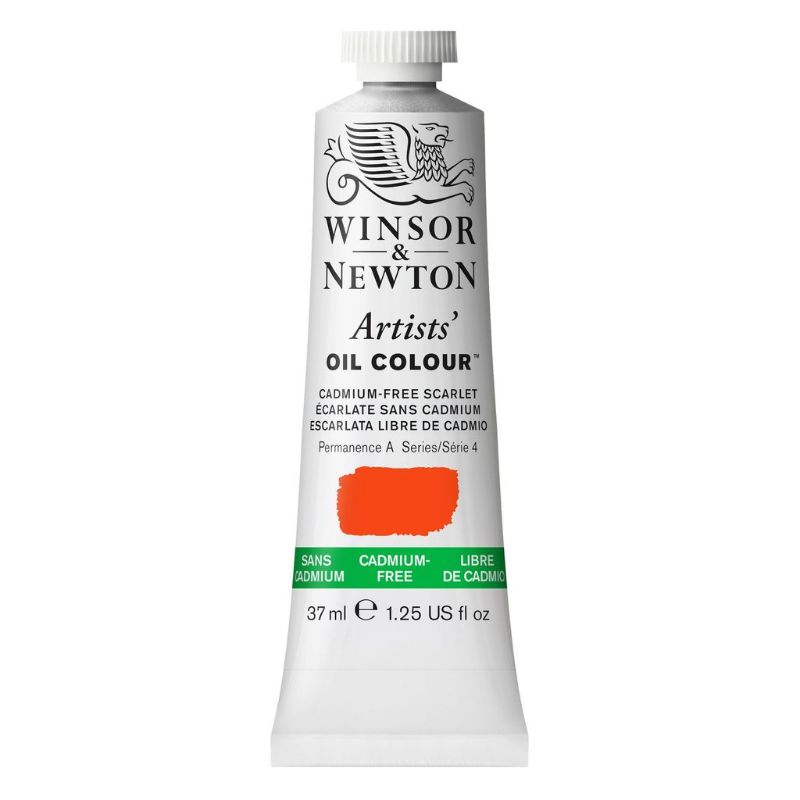 Image of Winsor and Newton 37ml Cadmium Free Scarlet oil paint tube, showcasing vibrant, sustainable color for artists.