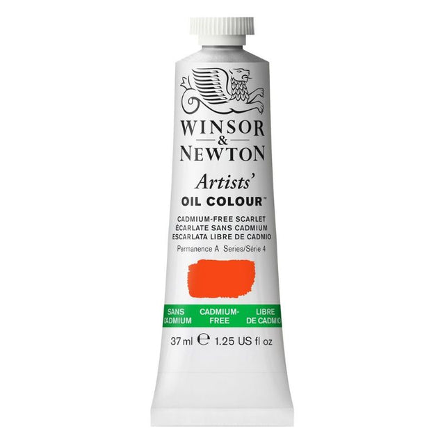 Image of Winsor and Newton 37ml Cadmium Free Scarlet oil paint tube, showcasing vibrant, sustainable color for artists.