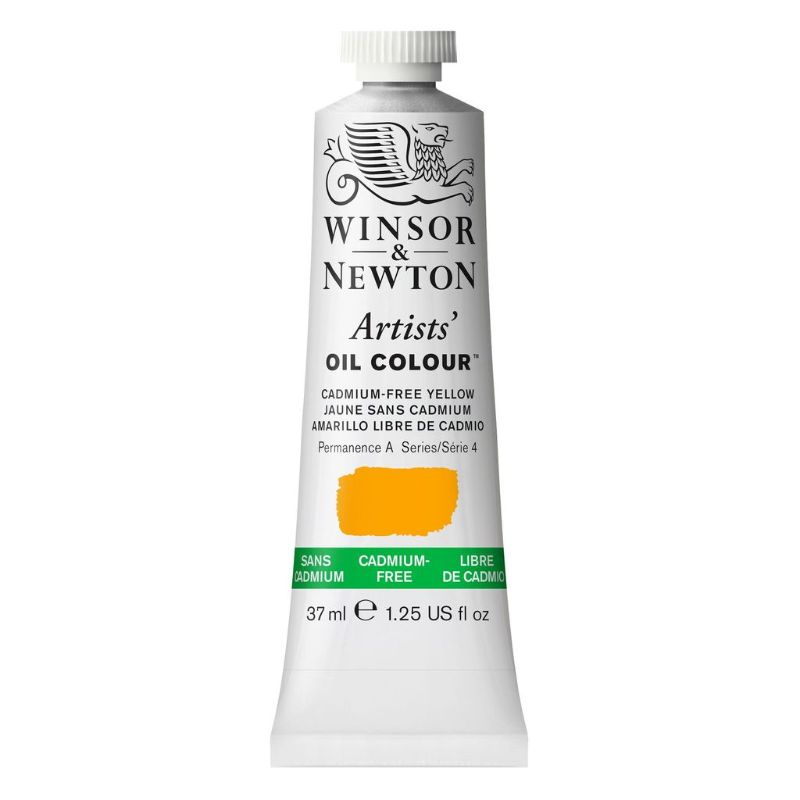 WINSOR AND NEWTON Cadmium-Free Yellow Oil Paint 37ml, vibrant hue with high opacity and lightfastness for professional artists.