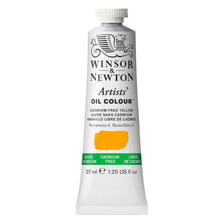 WINSOR AND NEWTON Cadmium-Free Yellow Oil Paint 37ml, vibrant hue with high opacity and lightfastness for professional artists.