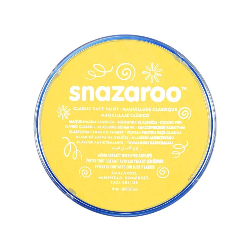 Bright yellow SNAZAROO face paint in an 18ml pot, perfect for creative designs at parties and easy wash-off with soap.