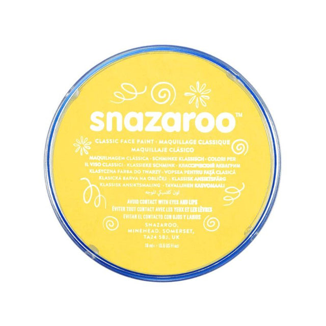 Bright yellow SNAZAROO face paint in an 18ml pot, perfect for creative designs at parties and easy wash-off with soap.