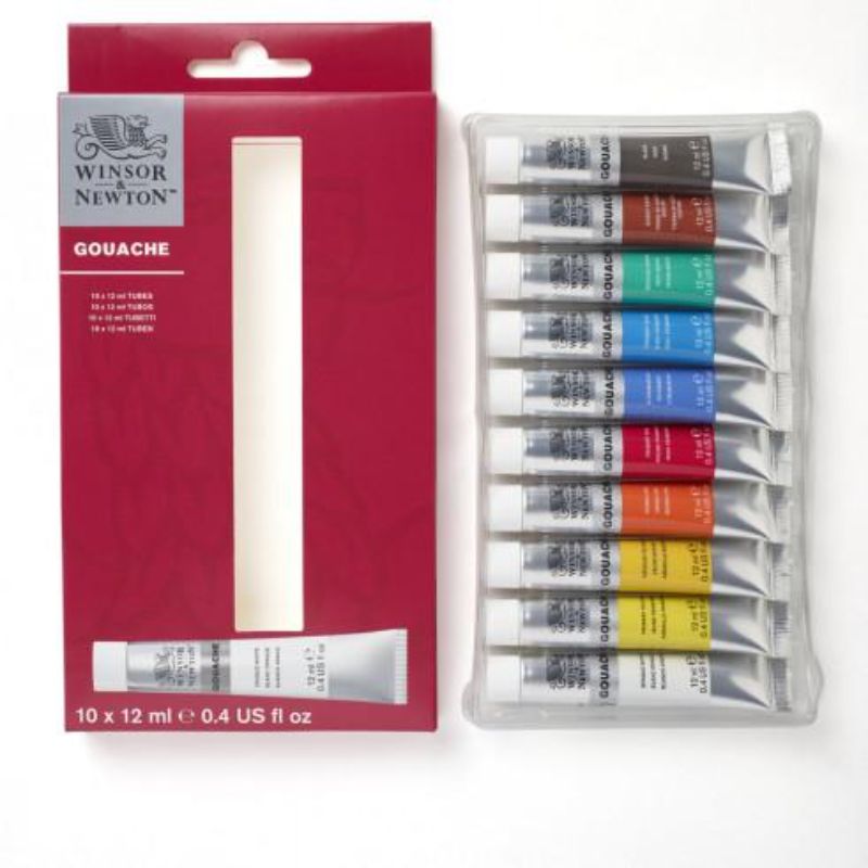 Vibrant set of 10 Winsor & Newton gouache paints, 12ml tubes for smooth, opaque watercolors, perfect for artists.