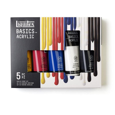 Set of 5 LIQUITEX BASICS 118ml acrylic paint tubes, showcasing vibrant colors for artists of all levels.