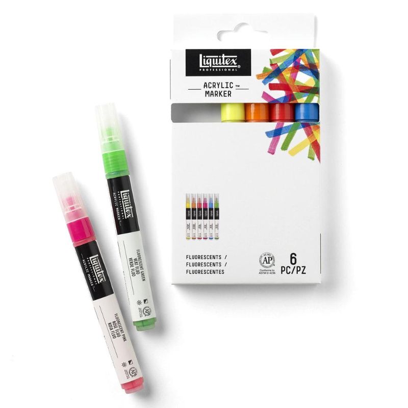 LIQUITEX 4MM acrylic marker set of 6 features vibrant fluro colors for precise lines and versatile artwork on various surfaces.