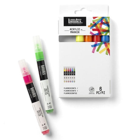 LIQUITEX 4MM acrylic marker set of 6 features vibrant fluro colors for precise lines and versatile artwork on various surfaces.