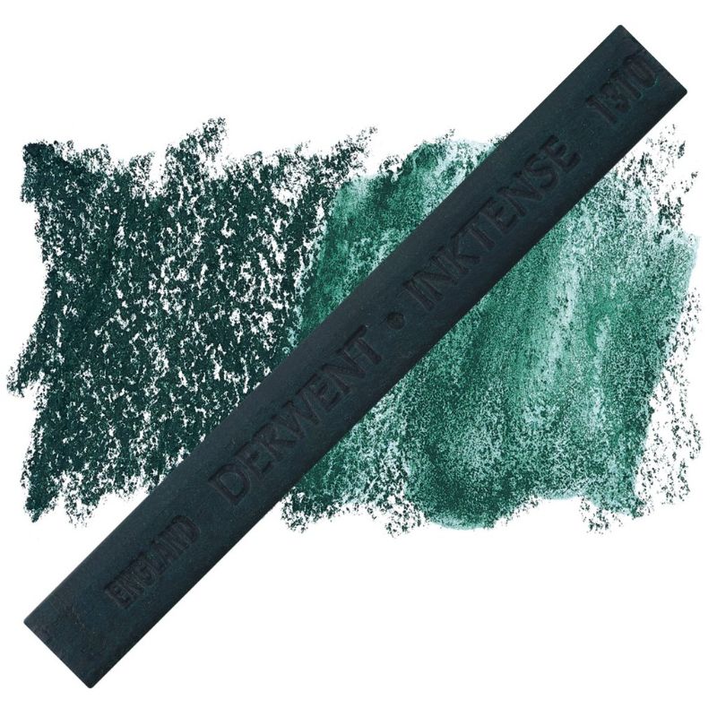 Chunky Derwent Inktense Block in Iron Green, ideal for vibrant art with wet or dry application techniques.