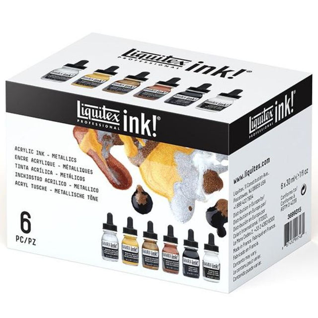 Set of 6 LIQUITEX metallic acrylic inks in 30ml bottles, ideal for vibrant art projects with fluidity and shimmer.