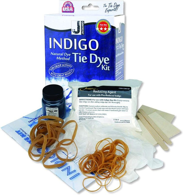 Indigo tie-dye kit with pre-reduced indigo, gloves, rubber bands, and instructions for dyeing fabrics up to 15 yards.