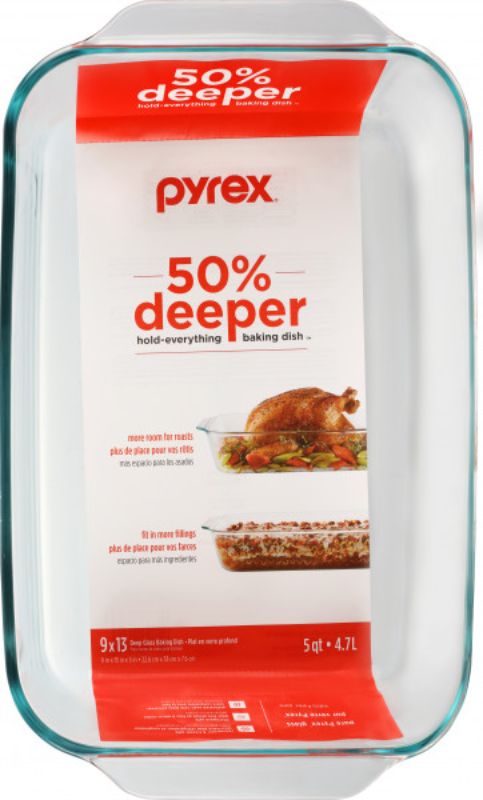 Set of 4 Pyrex deep glass baking dishes, 4.7L each, ideal for large meals and layered recipes, oven and microwave safe.