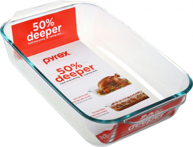 Set of 4 Pyrex deep glass baking dishes, 4.7L each, perfect for casseroles and oven-safe for versatile cooking.