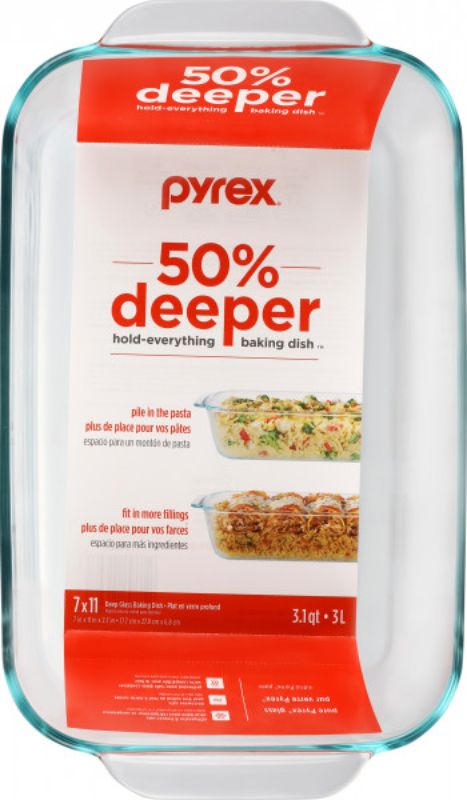 Set of 4 Pyrex deep glass baking dishes, 3L capacity, perfect for casseroles and versatile cooking in oven or microwave.