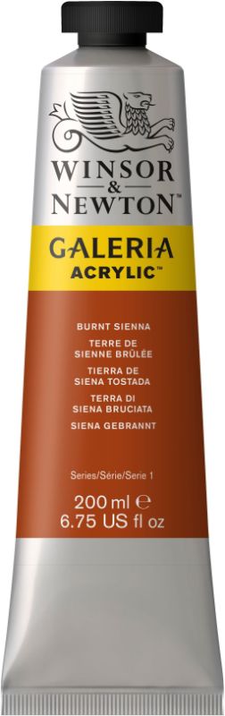 WINSOR & NEWTON Burnt Sienna acrylic paint in 200ml tube, ideal for vibrant landscapes and portraits, blends easily on multiple surfaces.