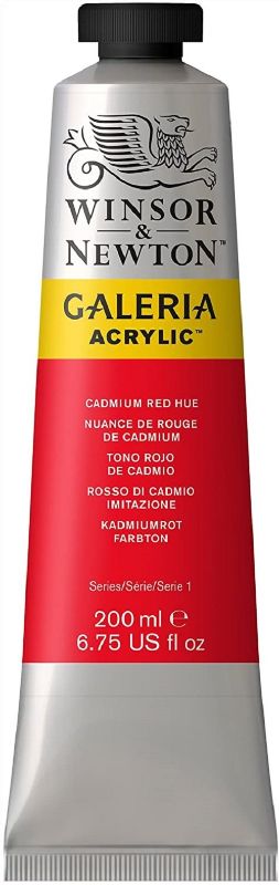 WINSOR & NEWTON Galeria Acrylic Paint 200ml in vibrant Cad Red Hue 095 S1, ideal for artists seeking quality and versatility.