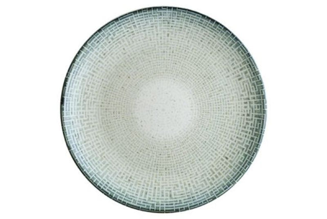 Set of 12 Bonna Maze 270 mm coupe plates featuring a geometric design, durable porcelain, and scratch-resistant glaze.