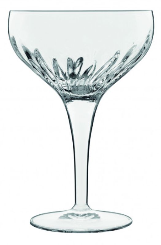 Set of 6 elegant 225ml Luigi Bormioli Mixology cocktail glasses featuring vintage embossed pattern and durable lead-free crystal.