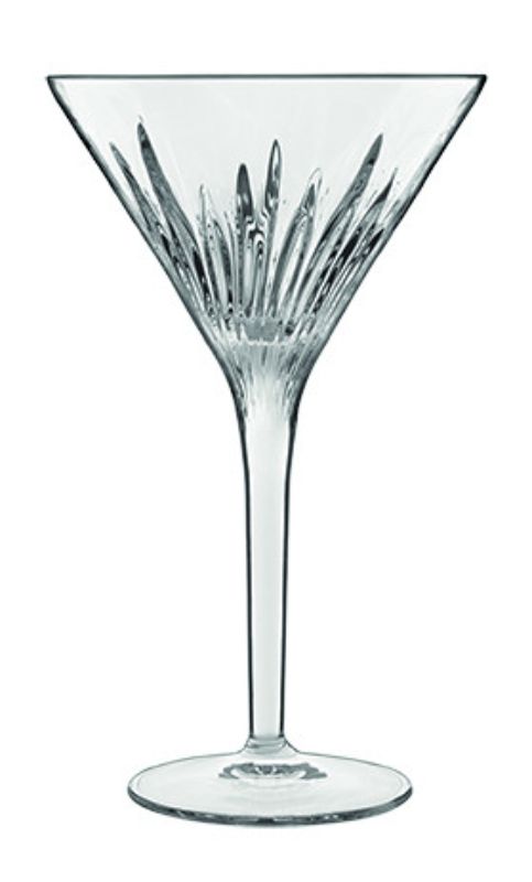 Set of 4 Luigi Bormioli Mixology Martini glasses, crafted from lead-free crystal with vintage embossed design and anti-abrasion stems.