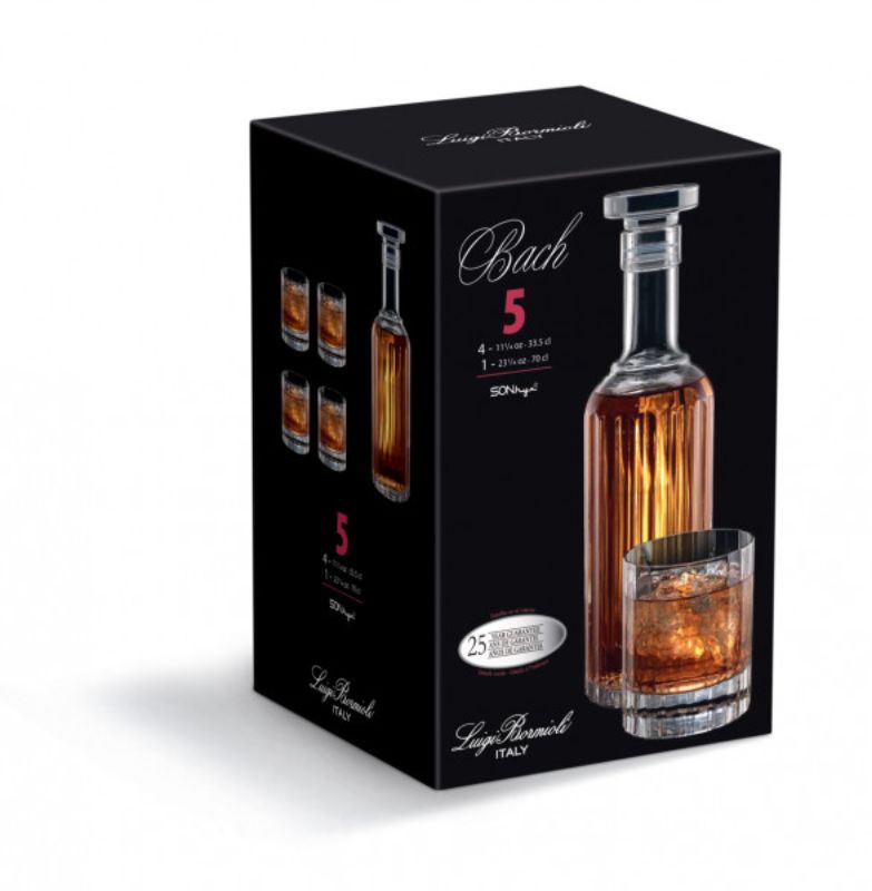 Elegant Luigi Bormioli Bach Whiskey Set with crystal carafe and tumblers, showcasing Italian craftsmanship and durability.