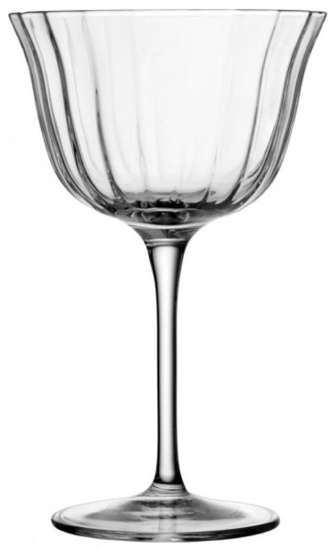 Set of 4 Luigi Bormioli Bach Fizz glasses, crafted from lead-free crystal with a unique faceted design for sparkling beverages.