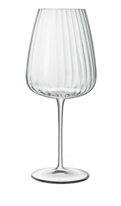 Set of 4 Luigi Bormioli Optica Bordeaux glasses featuring 1920s ribbed design, lead-free glass, and durable stems for elegant entertaining.