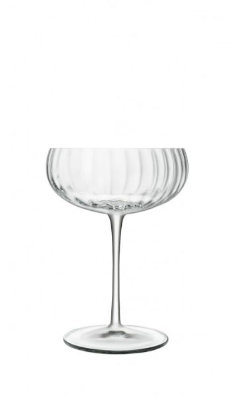 Set of 4 elegant Luigi Bormioli Optica Champagne glasses, featuring a ribbed design and titanium-reinforced stems.