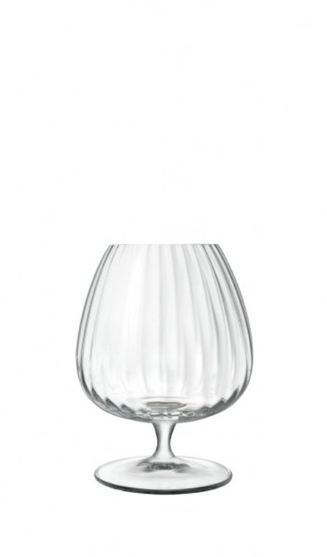 Set of 4 Luigi Bormioli Optica Cognac glasses, 465ml, featuring a ribbed design and durable, lead-free crystal construction.