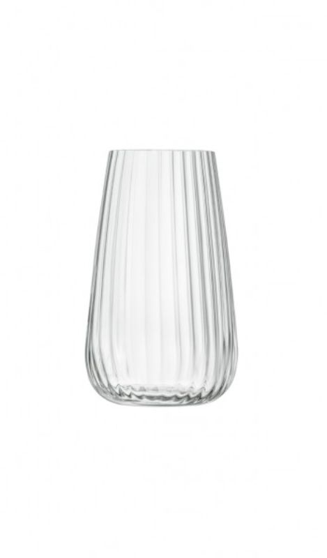 Set of 4 Luigi Bormioli Optica stemless glasses featuring a ribbed design, ideal for cocktails and durable for dishwashing.